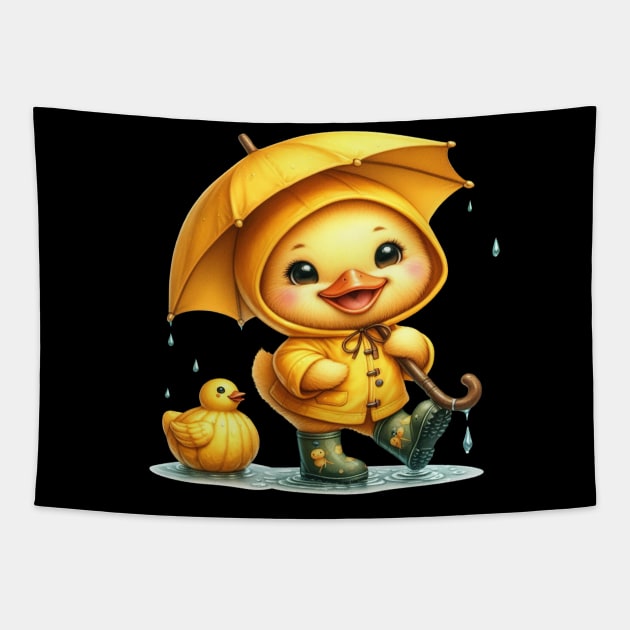 Cute Yellow Duck Holding an Umbrella Tapestry by 1AlmightySprout