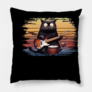 Retro Kitten Rock Band Cat Playing Drums and Guitar Pillow