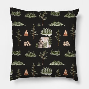 Cabin Forest Seamless Pattern Black Pillow