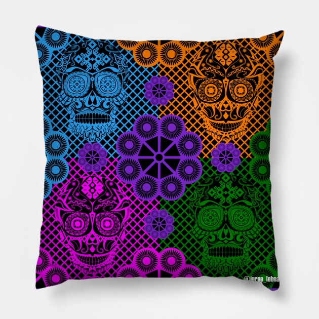 deadly picnic in smile skull ecopop pattern with floral colors Pillow by jorge_lebeau