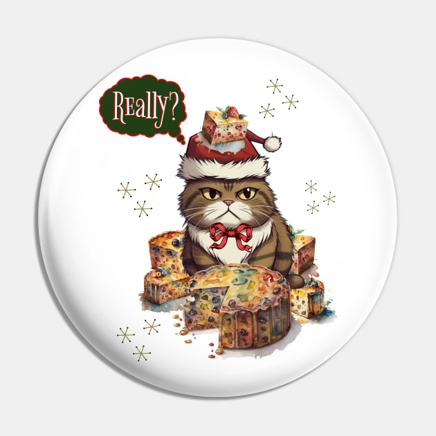 Angry Christmas Cat with Fruitcake Pin by TempoTees