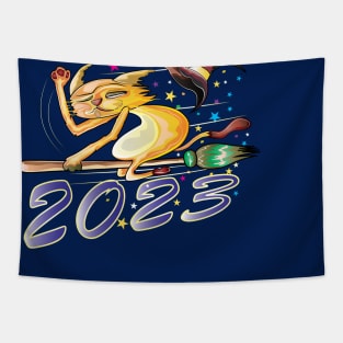 Cat Riding Broom New Year 2023 Tapestry