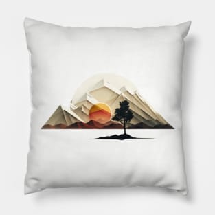 Landscape with mountains sun and tree Pillow