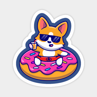 Cute Corgi Dog Floating With Doughnut Swimming Tires Cartoon Magnet