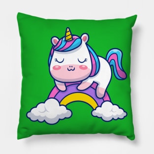 Cute Unicorn Sleeping On Rainbow Cartoon Pillow