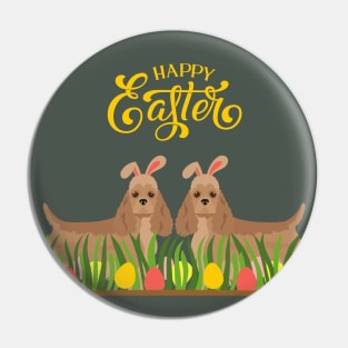 Happy Easter with Bunny American Cocker Spaniel Behind Grass with Colorful Eggs Pin