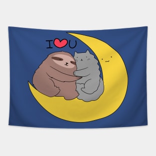 I Love You Moon Sloth and Cat Tapestry