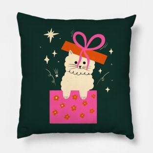 Cute white cat with bow illustration. Birthday art gift idea Pillow