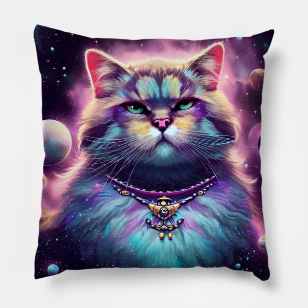 a majestic cat in outer space, surrounded by celestial bodies like stars, planets, and galaxies Pillow by maricetak