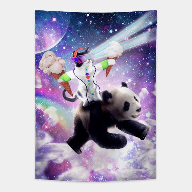 Lazer Rave Space Cat Riding Panda With Ice Cream Tapestry by Random Galaxy