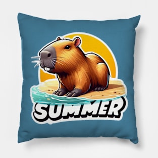 Cute summer capybara on the beach Pillow