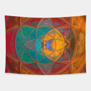 Mosaic Kaleidoscope Flower Teal Red and Orange Tapestry