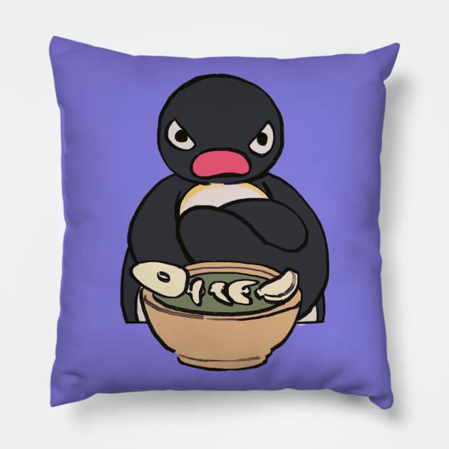 angery sulking pingu sitting with food bowl meme Pillow by mudwizard