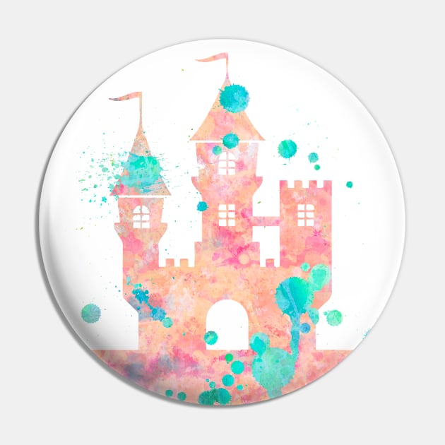 Princess Castle Watercolor Painting Pink Turquoise Pin by Miao Miao Design