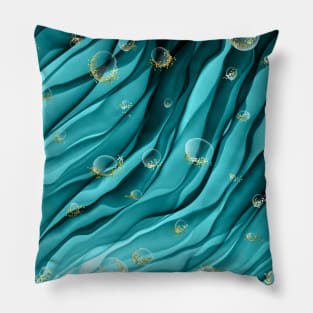 Teal Blue Gold Bubbles Fantasy Wave Pattern Pillow