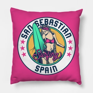 Retro Surfer Babe Badge San Sebastian Spain Pillow