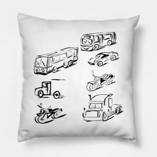Cars. Trucks Buses Trams. Racing car. Motorcycles. Transport. Pillow