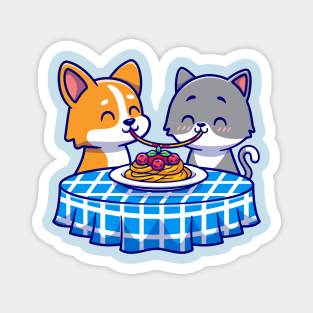 Cute Couple Cat And Corgi Dog Eating Spaghetti Together Cartoon Magnet