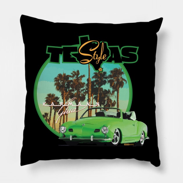 Texas-Style Karmann Ghia beach scene Green Pillow by CamcoGraphics