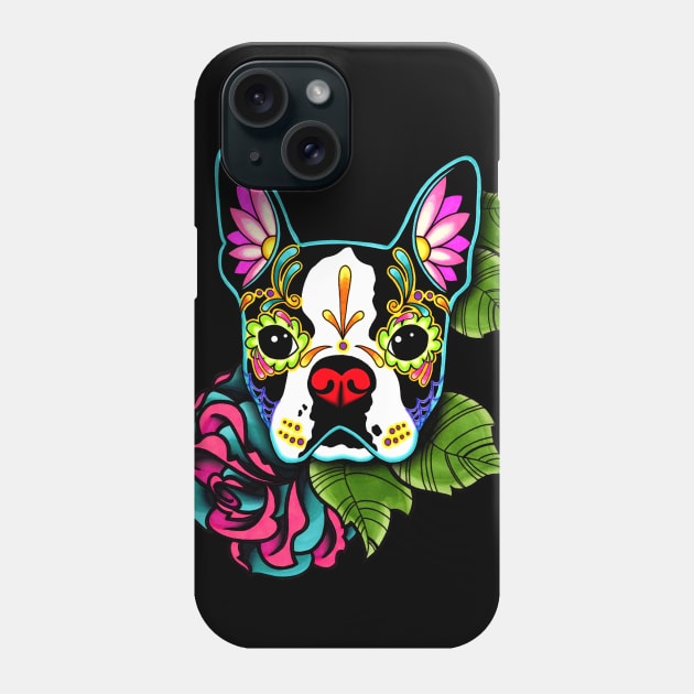 Boston Terrier in Black - Day of the Dead Sugar Skull Dog Phone Case by prettyinink