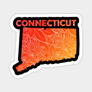 Colorful mandala art map of Connecticut with text in red and orange Magnet