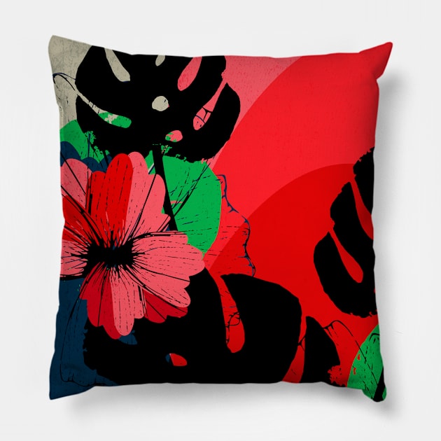 Flowers and Monstera Leaves – Floral illustration in red, green and dark colors Pillow by Piakolle
