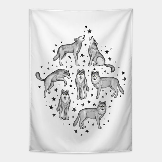 Wolves and Stars on White Tapestry by micklyn