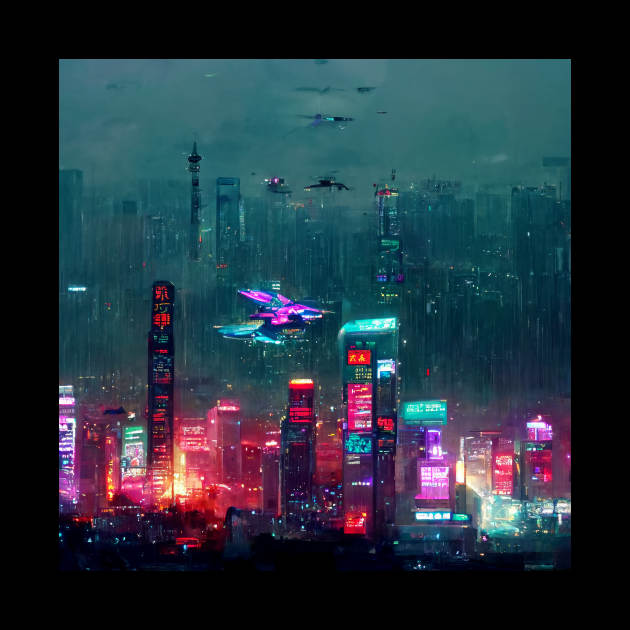 Flight Zone - Cyberpunk Cityscape Skyline by ArkMinted