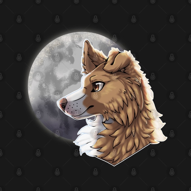 Golden Border Collie with Night Sky Full Moon by Bamsdrawz