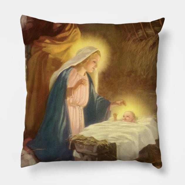 Vintage Christmas Nativity Scene Pillow by MasterpieceCafe