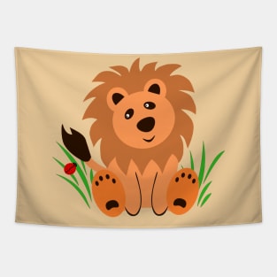 Cute lion in the grass with ladybug Tapestry