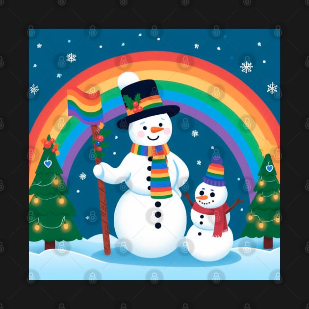 Two cute snowman, rainbow in the snow by Flor Volcanica