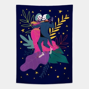 Day of the dead skeletons dancing salsa with folk flower background Tapestry