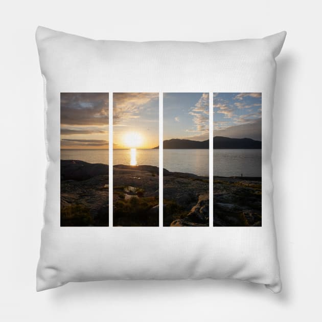 Wonderful landscapes in Norway. Vestland. Beautiful scenery of a sunset on a calm sea in a sunny day with sunrays through the clouds and a fisherman on the shore. Yellow sky and rocks Pillow by fabbroni-art