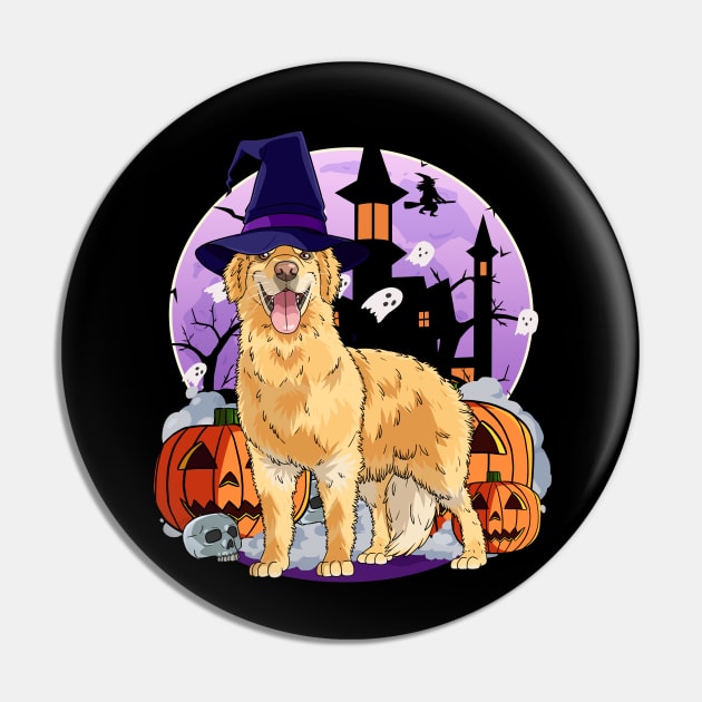 Golden Retriever Halloween Witch Pumpkins Ghost Haunted House Pin by Noseking