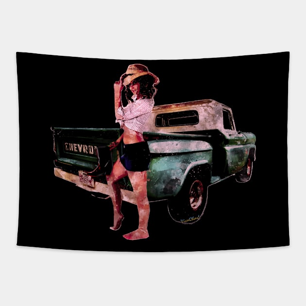 Chevy Pickup and the CowGirl what Drives Her Tapestry by vivachas