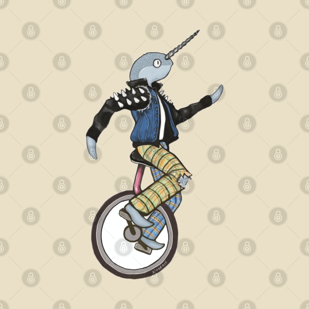 Unicycling Narwhal Punk Retro Illustration by KikoeART