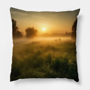 Sunrise over a green meadow fog rises in the summer Pillow