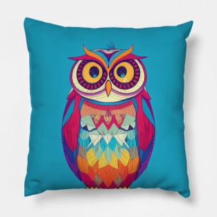 Colorful Owl Portrait Illustration - Bright Vibrant Colors Bohemian Style Feathers Psychedelic Bird Animal Rainbow Colored Art Pillow