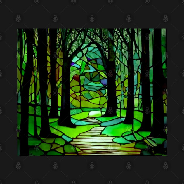 Stained Glass Forest Design Colorful Trees Landscape by Aurora X