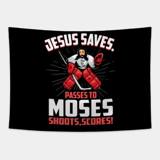 Jesus Saves Hockey Goalie Passes Moses Funny Religious Sport Tapestry