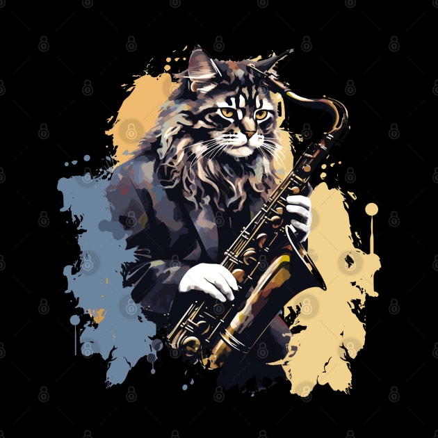 Maine Coon Cat Playing Saxophone by Graceful Designs