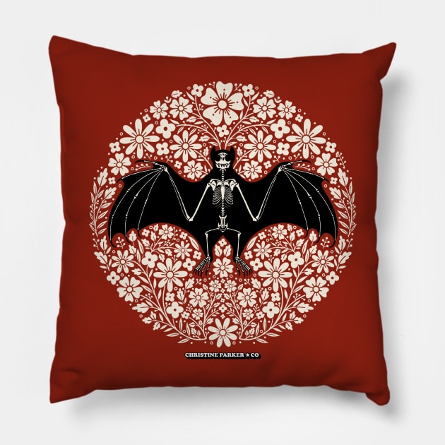 Vampire Bat Skeleton Folk Art Floral in Cream Pillow by Christine Parker & Co