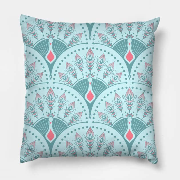 Mint and Coral Peacock Scales Pillow by Carolina Díaz