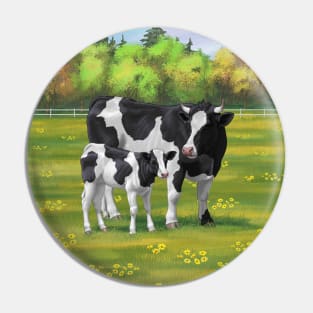 Holstein Friesian Cow and Cute Calf in Summer Pasture Pin