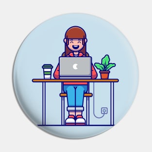 Girl Working on Laptop Cartoon Pin