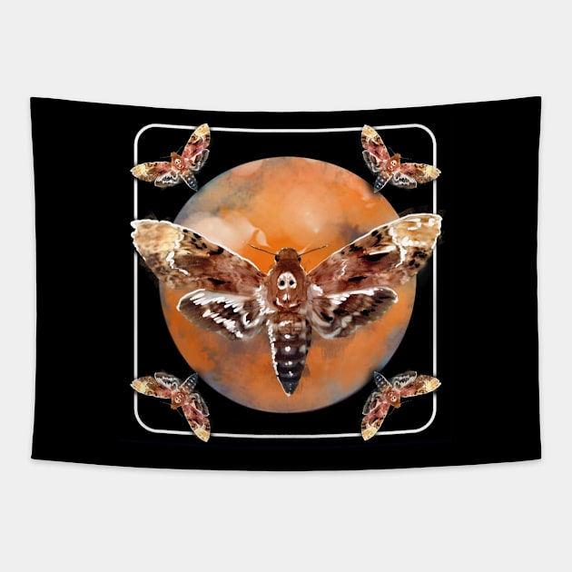 Deathshead hawk moths sphinx moths against an orange blood moon halloween spooky Tapestry by sandpaperdaisy