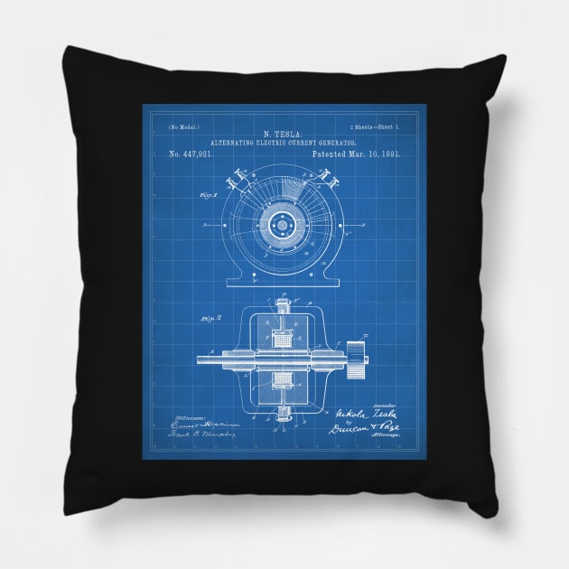 Tesla Generator Patent - Electrician Maker Workshop Art - Blueprint Pillow by patentpress