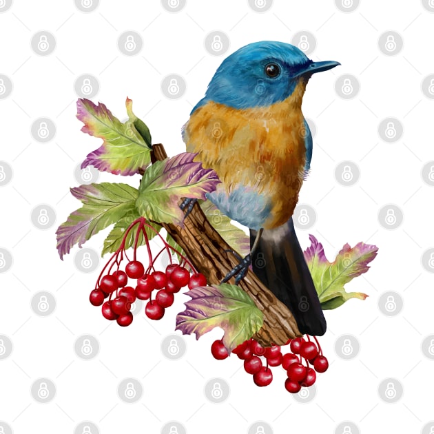 Little Blue bird and red fruits by Lewzy Design
