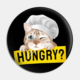 Cute cat in chef hat holding hungry sign illustration Pin